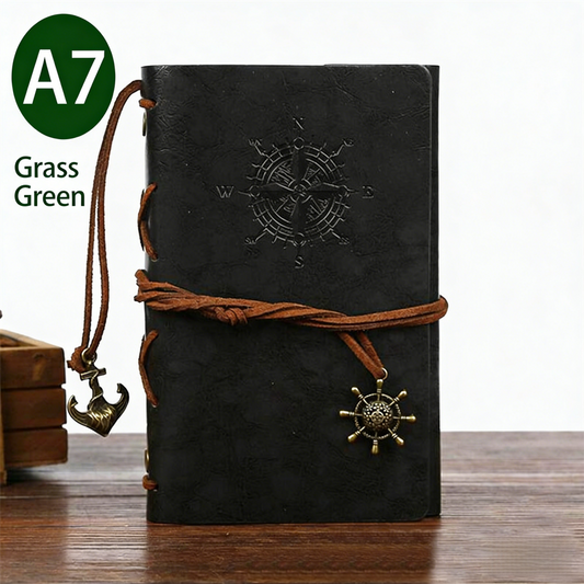 2-Pack A7 Nautical Vintage PU Leather Student Notebook - Pirate Style Strapped Diary with 150 Pages of Refillable Kraft Paper(Grass Green).