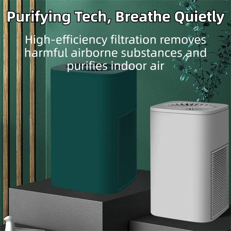 White Compact Desktop Air Purifier with Dual Activated Carbon Filter - Ultra-Quiet Air Cleaner for Home & Office, Powerful 50 mÂ³/h Airflow, Effectively Removes Odor, Smoke, Dust, Pollen & Pet Dander.
