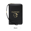Black RFID Blocking Travel Passport Holder - Multi-functional Waterproof PU Leather Security Travel Wallet with Zipper and Wristband