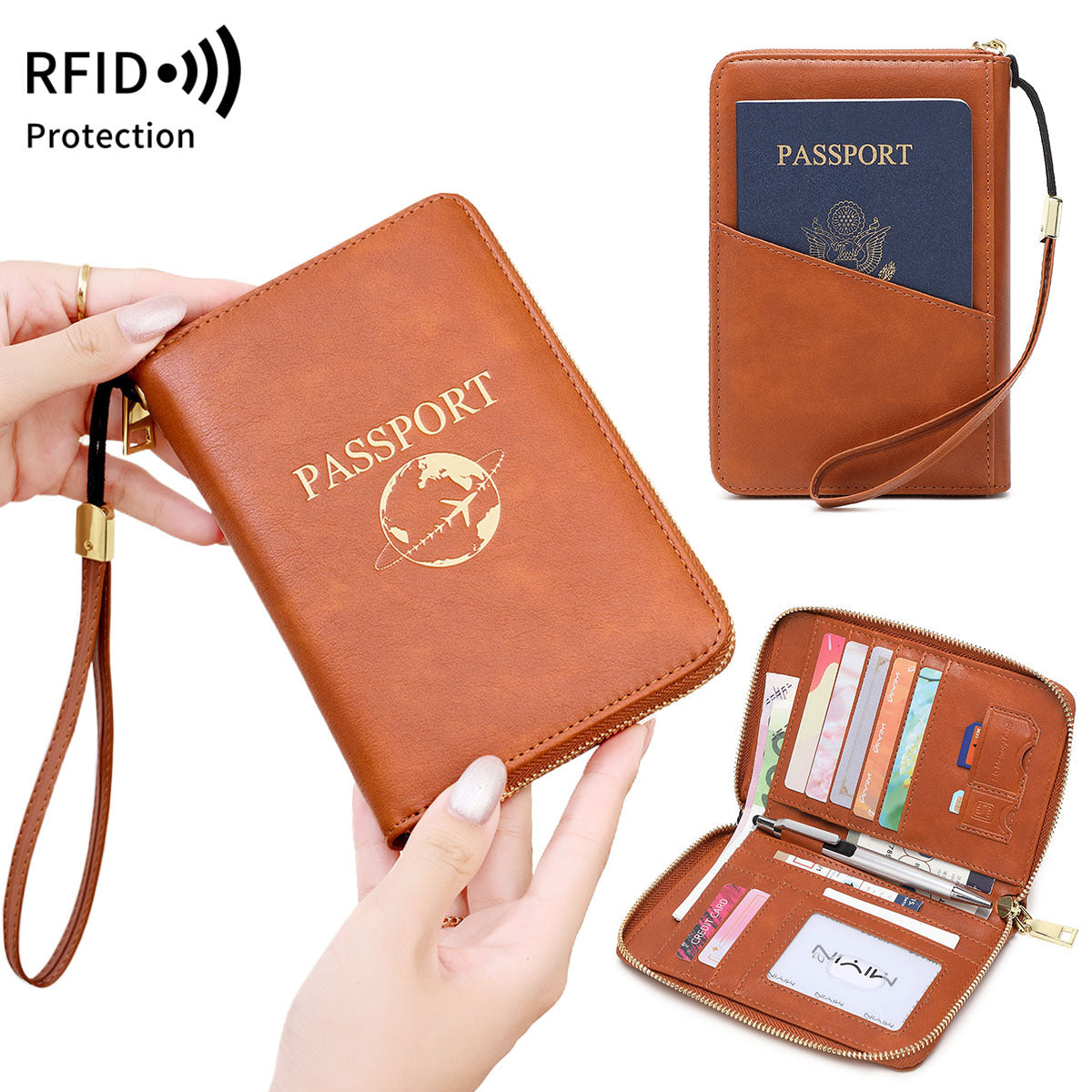 Black RFID Blocking Travel Passport Holder - Multi-functional Waterproof PU Leather Security Travel Wallet with Zipper and Wristband