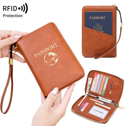 Black RFID Blocking Travel Passport Holder - Multi-functional Waterproof PU Leather Security Travel Wallet with Zipper and Wristband