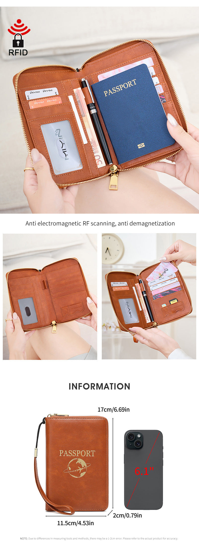 Black RFID Blocking Travel Passport Holder - Multi-functional Waterproof PU Leather Security Travel Wallet with Zipper and Wristband