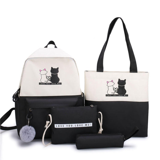 4-Piece Black Student Backpack Set with Cat Print - Durable Canvas School Bag Combo - Includes Backpack, Tote Bag, Crossbody Bag & Pencil Case.