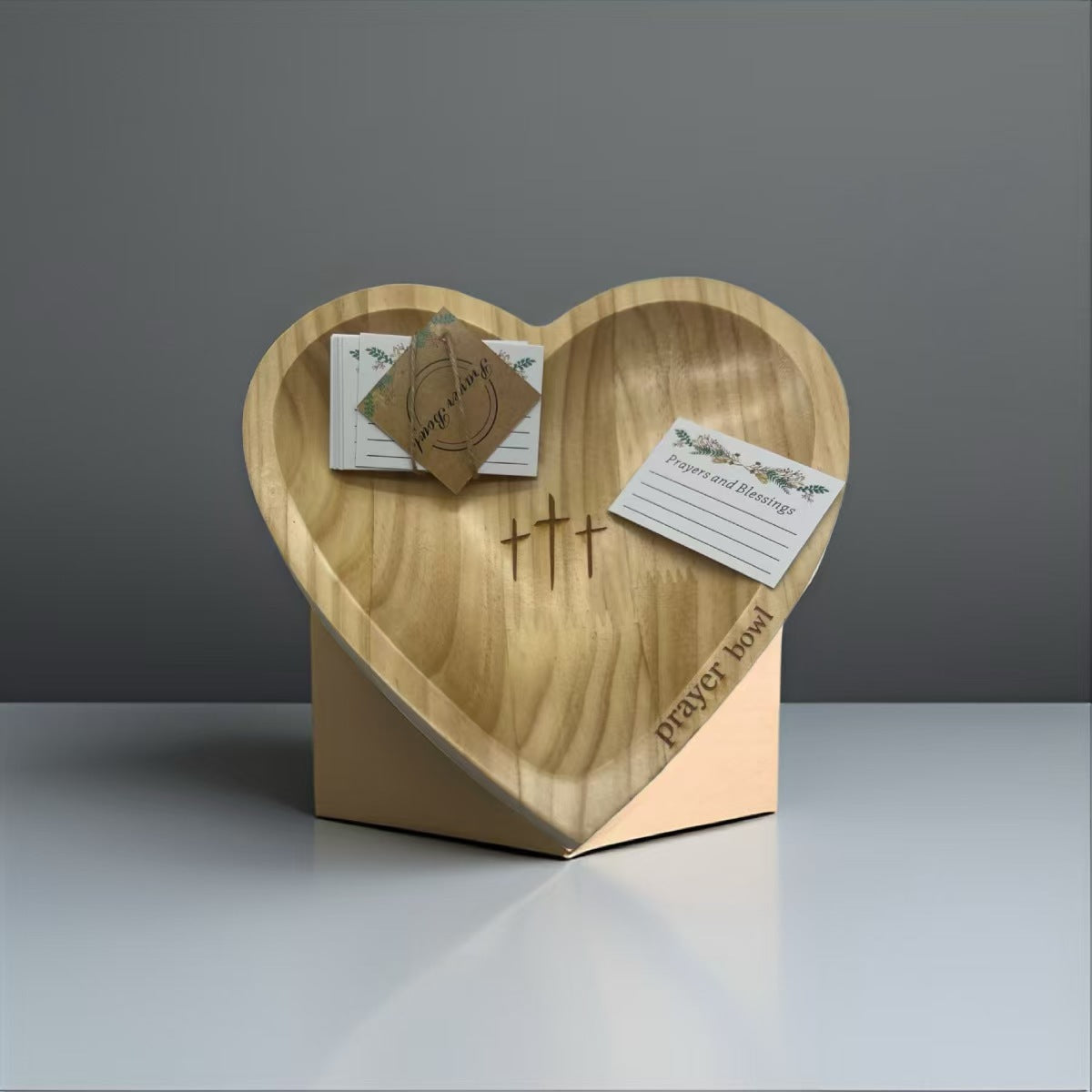 Solid Pine Wood Heart Prayer Bowl with 48 Prayer Cards - Handcrafted Gift for Communion & Home Decor