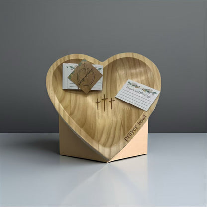Solid Pine Wood Heart Prayer Bowl with 48 Prayer Cards - Handcrafted Gift for Communion & Home Decor