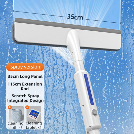 3-in-1 Spray Window Squeegee with 35cm Clean-Panel & 115cm Extension Pole - Multi-functional Spray, Scrub & Squeegee Tool with 3 Microfiber Cloths.