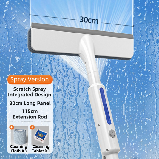 3-in-1 Spray Window Squeegee with 30cm Clean-Panel & 115cm Extension Pole - Multi-functional Spray, Scrub & Squeegee Tool with 3 Microfiber Cloths.