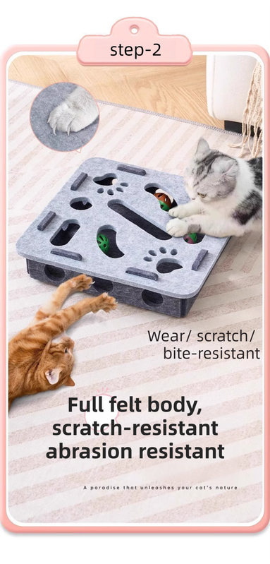 Green-Brown Felt Puzzle Flower Shape Box Cat Toy with 2 Metal Bell Balls - Scratch-Resistant & Interactive Hide-and-Seek Toy, Brain Stimulating Fun