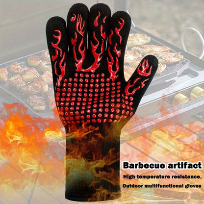One Pair Grey Extreme Heat Resistant BBQ Gloves (800°C/1472°F) - Non-Slip Silicone Coated Fireproof Mitts for Smoker, Oven & Industrial Use
