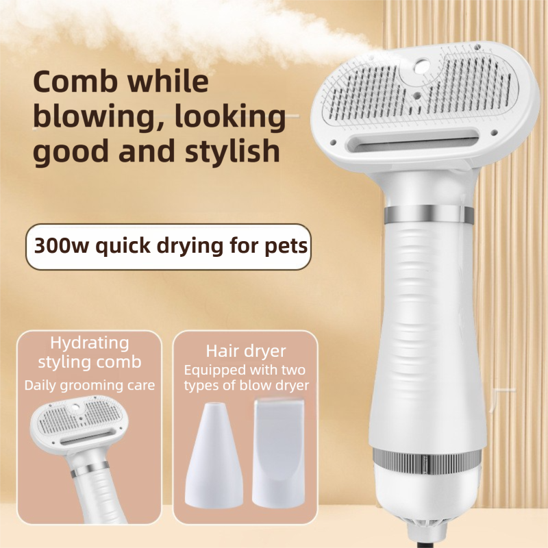 White 6-in-1 Pet Grooming Hair Dryer with Noise-Reduction - Lightweight Handheld Blow Dryer & Mist Slicker Brush - 3-Speed Temperature Control, One-Click Deshedding & Painless Massage