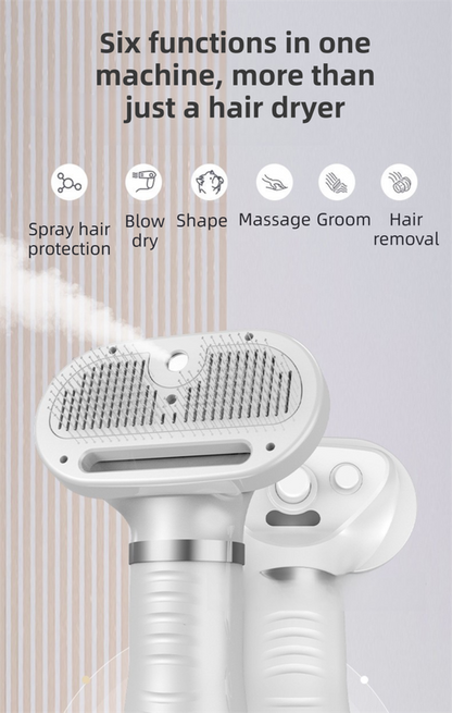 White 6-in-1 Pet Grooming Hair Dryer with Noise-Reduction - Lightweight Handheld Blow Dryer & Mist Slicker Brush - 3-Speed Temperature Control, One-Click Deshedding & Painless Massage