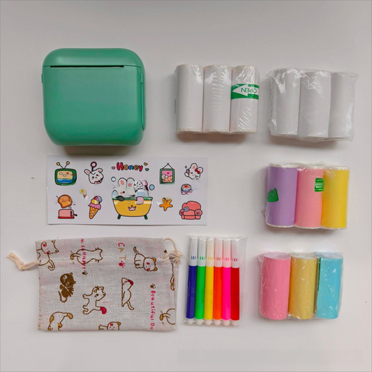 Green X6 Mini Portable Bluetooth Instant Photo & Note Printer for Students - Deluxe 20-Piece Gift Set with 12 Paper Rolls, Color Pens & Storage Bag.