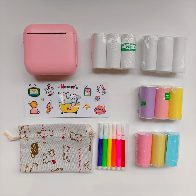 Pink X6 Mini Portable Bluetooth Instant Photo & Note Printer for Students - Deluxe 20-Piece Gift Set with 12 Paper Rolls, Color Pens & Storage Bag.