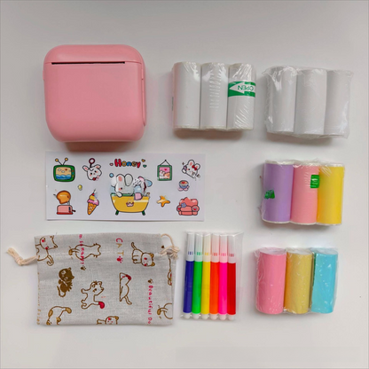 Pink X6 Mini Portable Bluetooth Instant Photo & Note Printer for Students - Deluxe 20-Piece Gift Set with 12 Paper Rolls, Color Pens & Storage Bag.