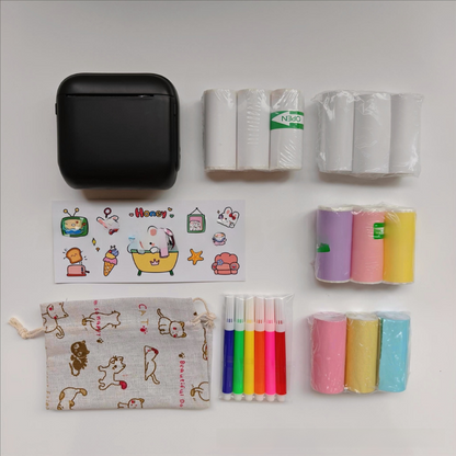 Black X6 Mini Portable Bluetooth Instant Photo & Note Printer for Students - Deluxe 20-Piece Gift Set with 12 Paper Rolls, Color Pens & Storage Bag.