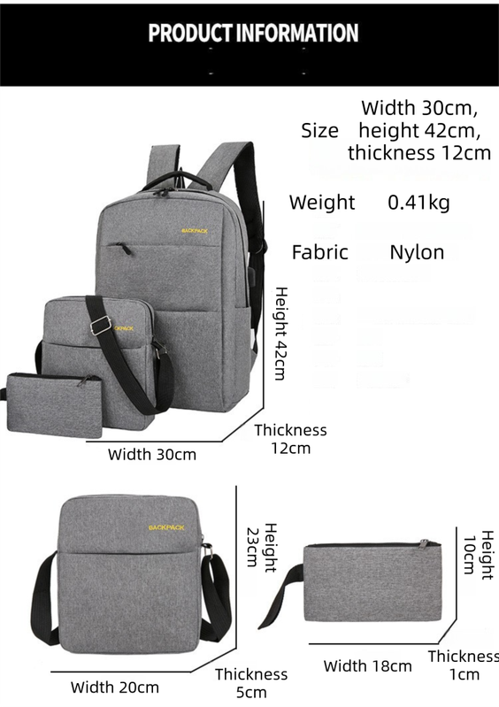 Grey 3-PCS Multi-Functional & Lightweight Backpacks Set for Students - Large Capacity Durable Travel Daypack with USB Charging Port, Fit in 14-Inch Laptop Bag