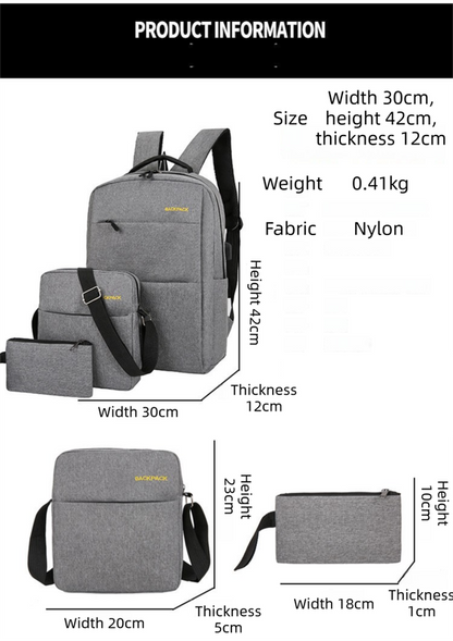 Grey 3-PCS Multi-Functional & Lightweight Backpacks Set for Students - Large Capacity Durable Travel Daypack with USB Charging Port, Fit in 14-Inch Laptop Bag