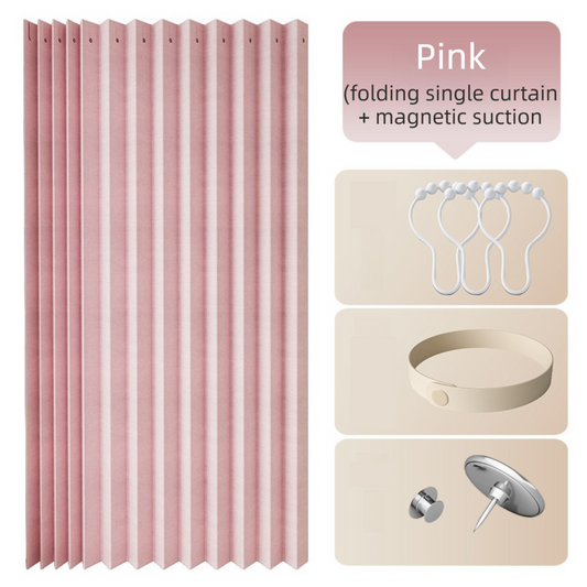 100 X 180 CM Pink Linen-Look Dust Drill-Free Pull-Curtain - Folding Doorless Closet Divider with Magnetic Closure & Hanging Rings