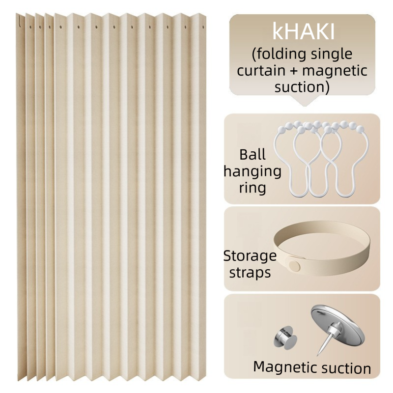120 X 180 CM Khaki Linen-Look Dust Drill-Free Pull-Curtain - Folding Doorless Closet Divider with Magnetic Closure & Hanging Rings