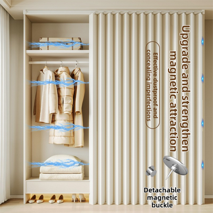 120 X 180 CM Khaki Linen-Look Dust Drill-Free Pull-Curtain - Folding Doorless Closet Divider with Magnetic Closure & Hanging Rings
