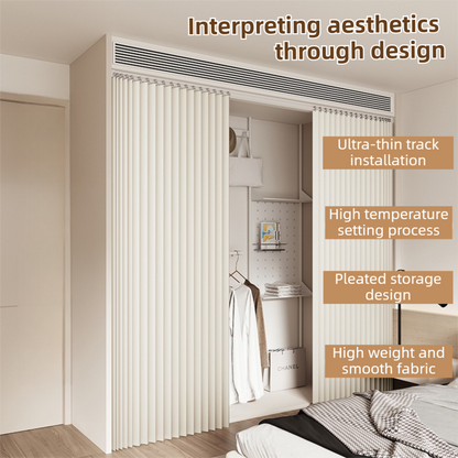 120 X 180 CM Khaki Linen-Look Dust Drill-Free Pull-Curtain - Folding Doorless Closet Divider with Magnetic Closure & Hanging Rings