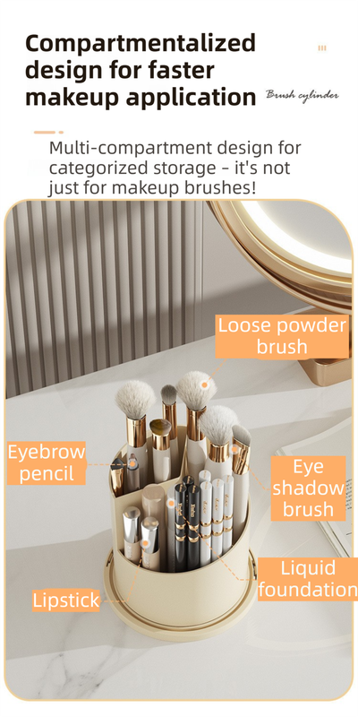White 360° Rotating Makeup Brush Holder with Black Transparent Dust-Proof Sliding Door - Large Capacity Cosmetic Organizer, Professionaln Gradient Dual Zones