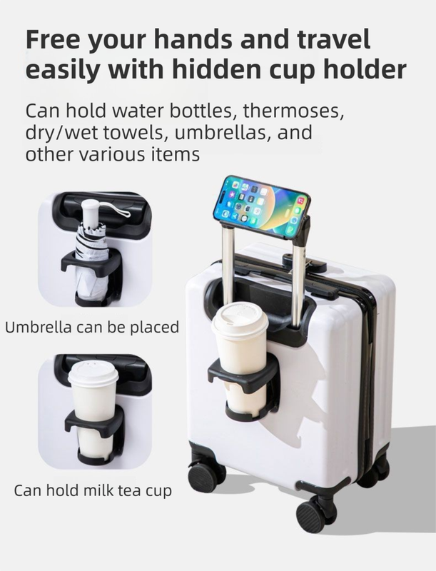 White 14 Inch Lightweight Carry-on Luggage for heights under 1.6m - Underseat & Overhead Cabin Hardside Suitcase with Cup Holder & Phone Stand