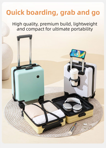 White 14 Inch Lightweight Carry-on Luggage for heights under 1.6m - Underseat & Overhead Cabin Hardside Suitcase with Cup Holder & Phone Stand