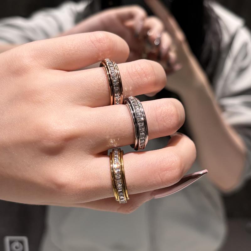 3-Piece Anxiety Spinner Meditation Bands Set - Full Zircon Inlaid Stainless Steel Rings for Stress Relief - US Size 8