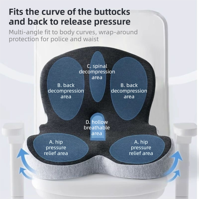 Grey Ergonomic Memory Foam Seat Cushion & Lumbar Support(44x42x32CM) - Relieves Sciatica & Corrects Posture with Breathable Cover.