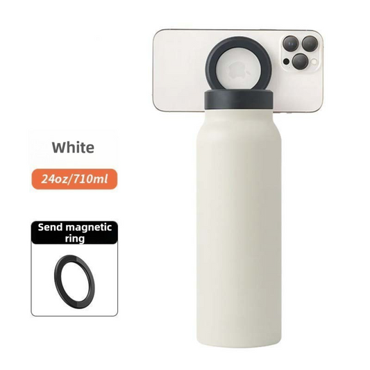 White 24oz Stainless Steel Insulated Water Bottle With 90Â° Adjustable Vertical/Horizontal Magnetic Phone Holder - Ringo Style Magnetic Lid Sport Flask.