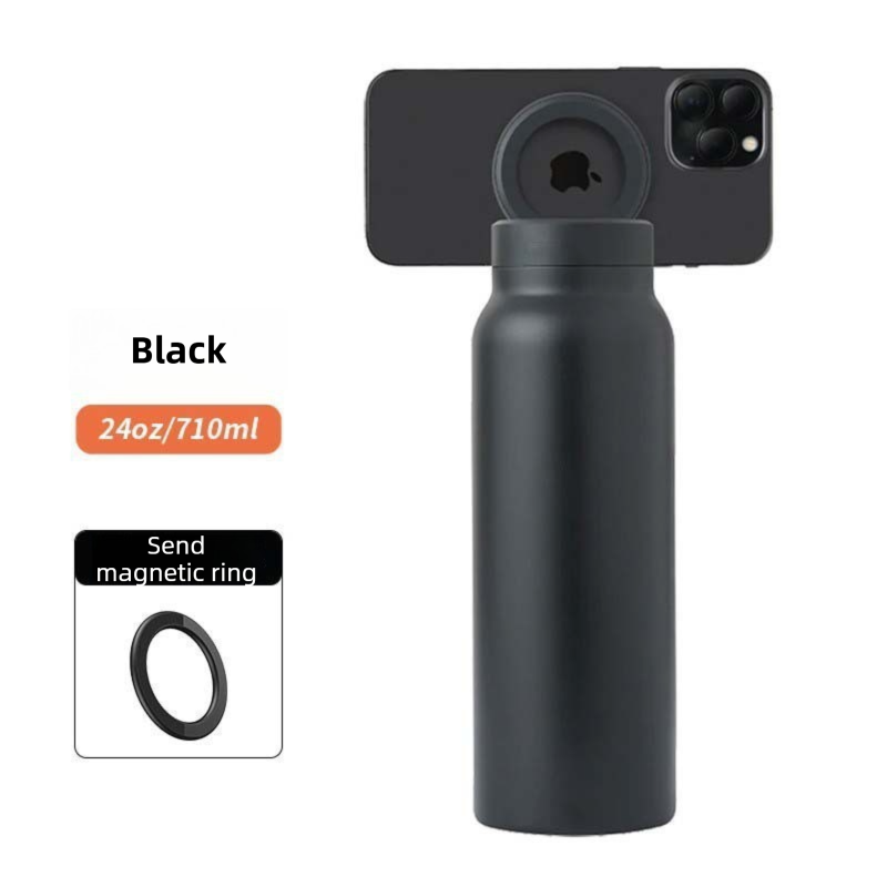 Black 24oz Stainless Steel Insulated Water Bottle With 90Â° Adjustable Vertical/Horizontal Magnetic Phone Holder - Ringo Style Magnetic Lid Sport Flask.