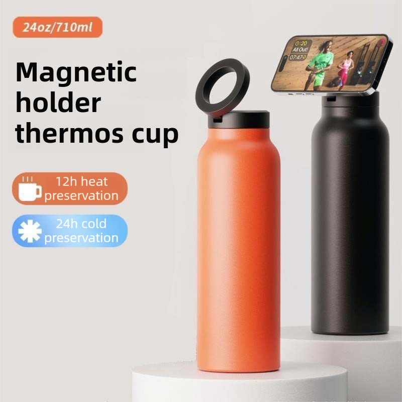 Black 24oz Stainless Steel Insulated Water Bottle With 90Â° Adjustable Vertical/Horizontal Magnetic Phone Holder - Ringo Style Magnetic Lid Sport Flask.