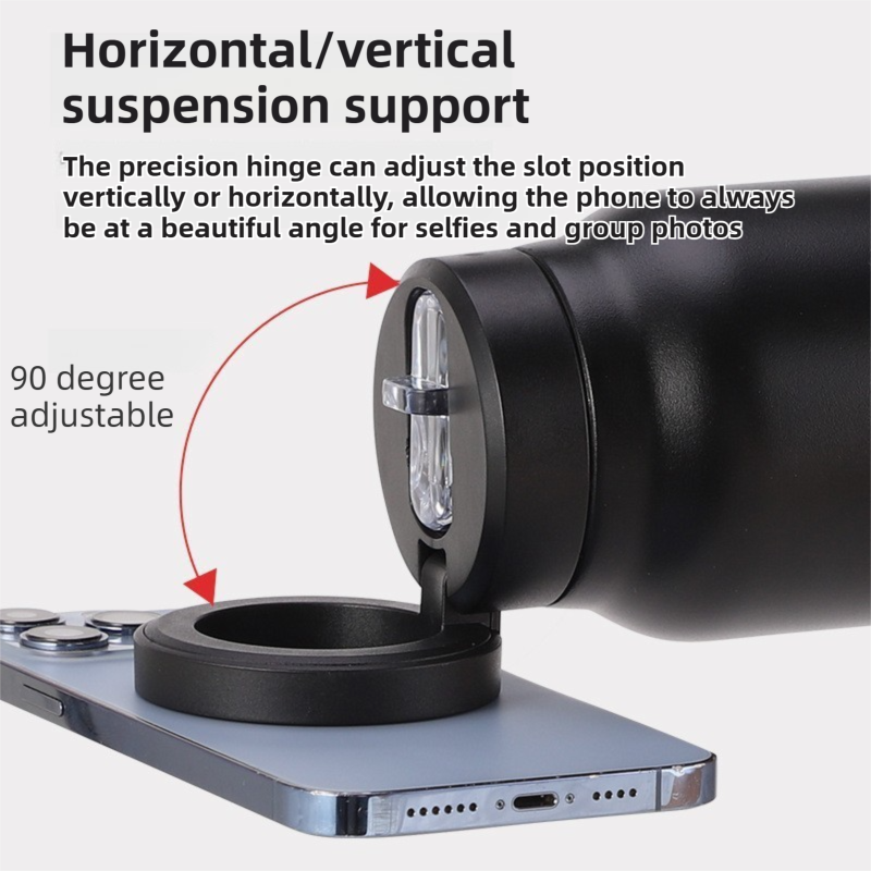 Black 24oz Stainless Steel Insulated Water Bottle With 90Â° Adjustable Vertical/Horizontal Magnetic Phone Holder - Ringo Style Magnetic Lid Sport Flask.