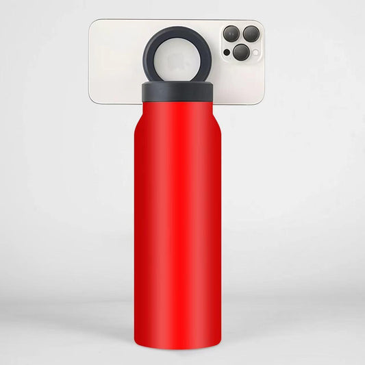Red 24oz Stainless Steel Insulated Water Bottle With 90Â° Adjustable Vertical/Horizontal Magnetic Phone Holder - Ringo Style Magnetic Lid Sport Flask.