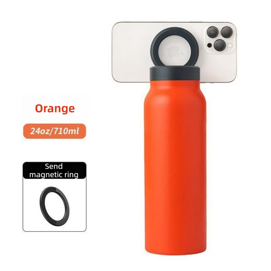 Orange 24oz Stainless Steel Insulated Water Bottle With 90Â° Adjustable Vertical/Horizontal Magnetic Phone Holder - Ringo Style Magnetic Lid Sport Flask.