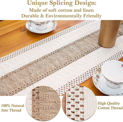 White-Grey Bohemian Woven Table Runner with Tassels(30X183CM) - Wrinkle-Resistant Striped Table Scarf for Wedding, Holiday & Outdoor Party