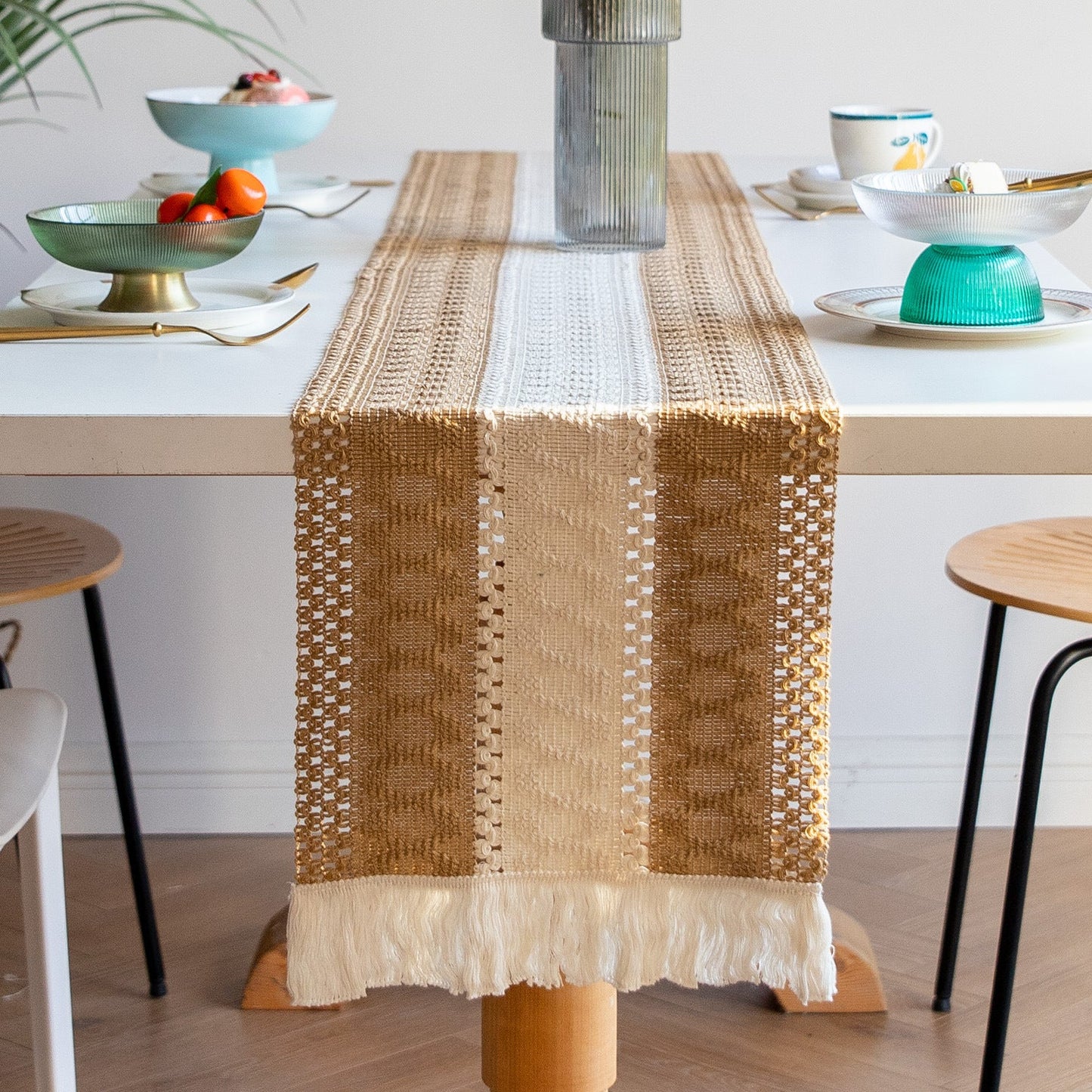 White-Grey Bohemian Woven Table Runner with Tassels(30X183CM) - Wrinkle-Resistant Striped Table Scarf for Wedding, Holiday & Outdoor Party