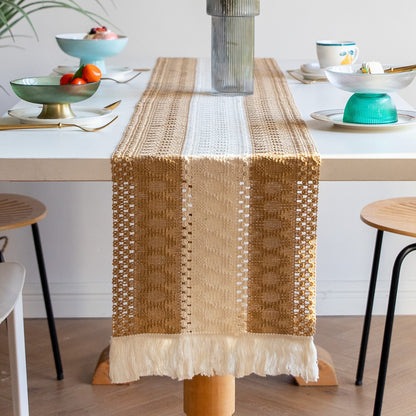 White-Grey Bohemian Woven Table Runner with Tassels(30X183CM) - Wrinkle-Resistant Striped Table Scarf for Wedding, Holiday & Outdoor Party