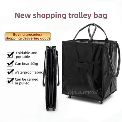 Black Portable Folding Shopping Trolley Bag(50x40x30CM) - Durable Woven Fabric, Reusable Grocery Bag with Wheels for Effortless Travel
