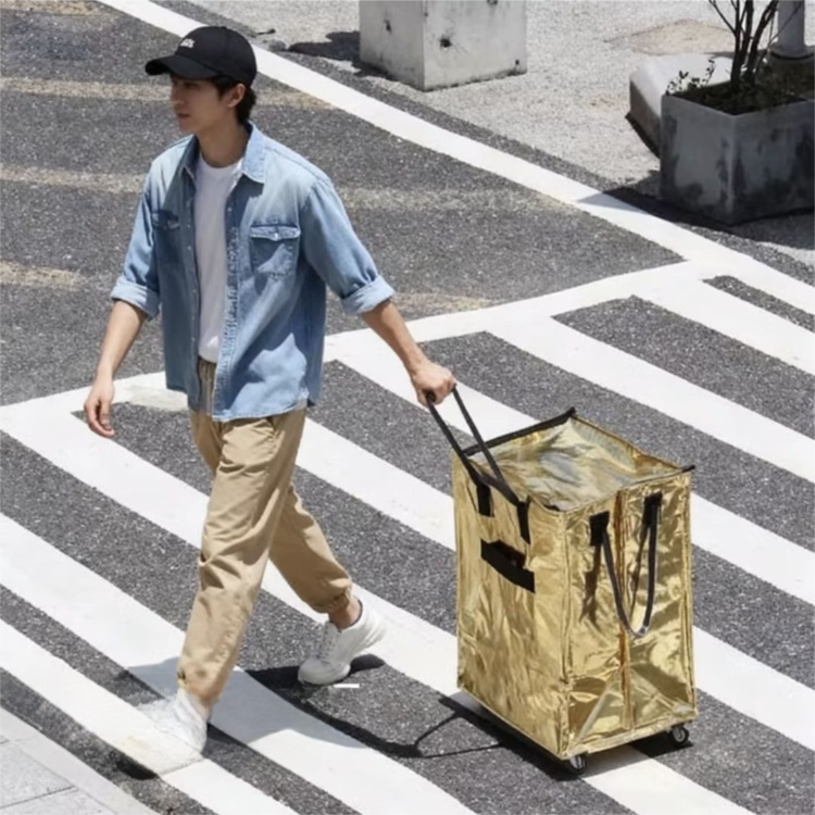 Black Portable Folding Shopping Trolley Bag(50x40x30CM) - Durable Woven Fabric, Reusable Grocery Bag with Wheels for Effortless Travel