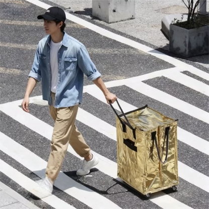 Black Portable Folding Shopping Trolley Bag(50x40x30CM) - Durable Woven Fabric, Reusable Grocery Bag with Wheels for Effortless Travel