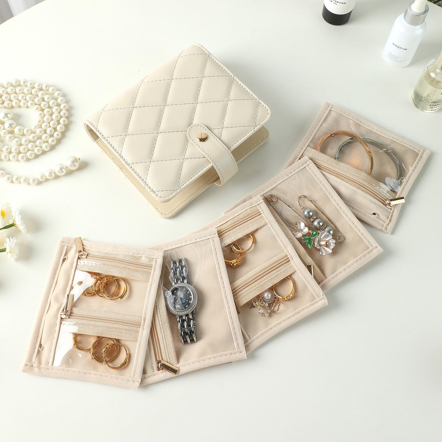 Pink Nappa Leather Anti-Oxidation Jewelry Storage Book with 5 Velvet Pouches - Compact Organizer for Watches, Earrings, Rings & Gold Ornaments