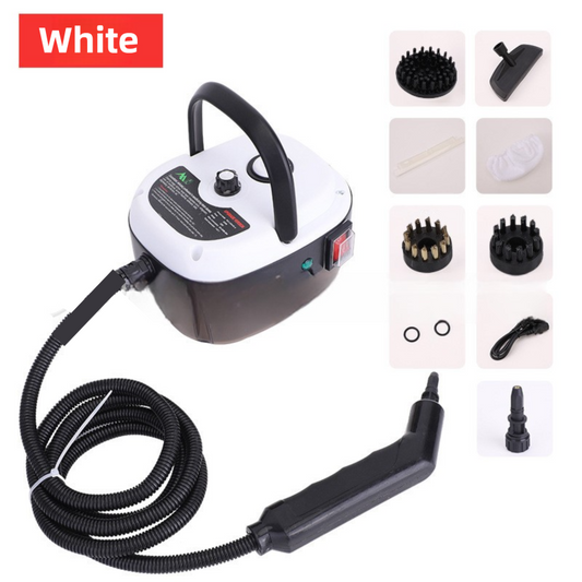 White Portable High-Pressure Steam Cleaner with 1000ml Tank & 7-Piece Pro Brushes/Spray Nozzle Kit - 131Â°C High-Temp Deep Cleaning Machine for Kitchen Grease and Home Sanitization.