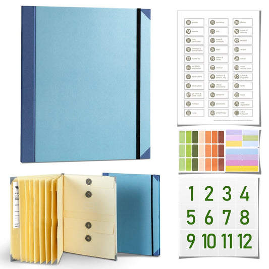 Blue Important Document Organizer Folder with 10 Manila Envelopes and Acid-Free Paper for Home Office Estate Planning and Aussie Travel.