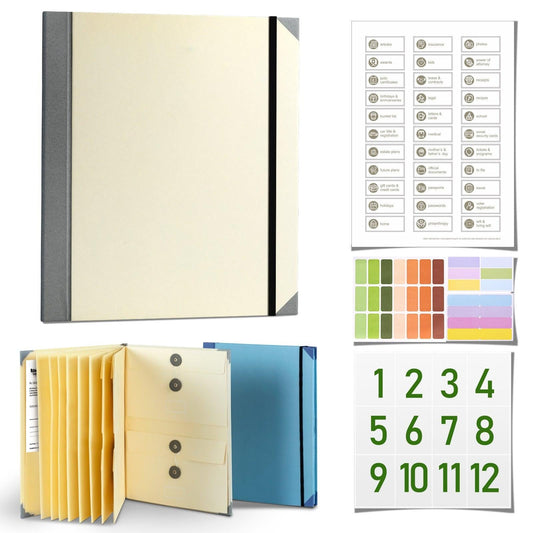 Khaki Important Document Organizer Folder with 10 Manila Envelopes and Acid-Free Paper for Home Office Estate Planning and Aussie Travel.