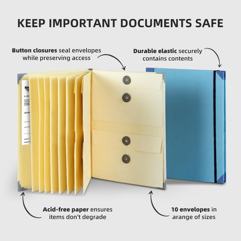 Pink Important Document Organizer Folder with 10 Manila Envelopes and Acid-Free Paper for Home Office Estate Planning and Aussie Travel.