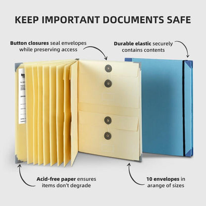 Pink Important Document Organizer Folder with 10 Manila Envelopes and Acid-Free Paper for Home Office Estate Planning and Aussie Travel.