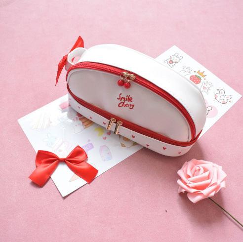 Red Large Capacity Double Layer Pencil Case Waterproof PU Leather Stationery Organizer for Australian Students and Office Use High Capacity Makeup Bag.