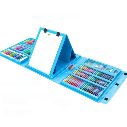 Blue 208-Piece Kids Art Set with Built-in Trifold Easel Drawing and Painting Kit for Students with Watercolor Pens Crayons and Pencils for Aussie Homes.